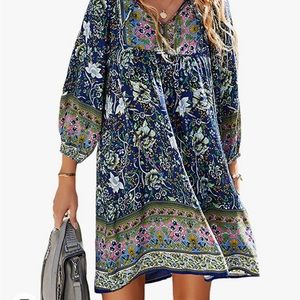 Boho Summer Dress 3/4 Sleeve Womens Medium M